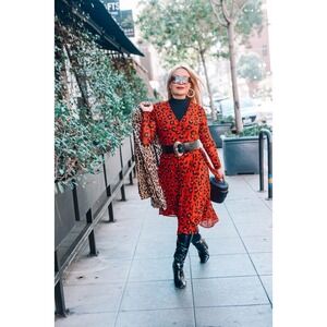 Cabi Siren Wrap Dress Size XS Red Leopard Print Mesh Long‎ Sleeve Midi 5771